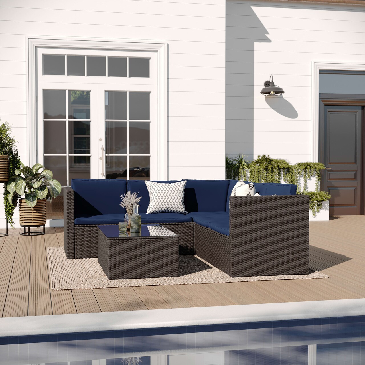 Merrick Lane Ginger All Weather PE Rattan Sectional Sofa with Coffee Table and Included Cushions